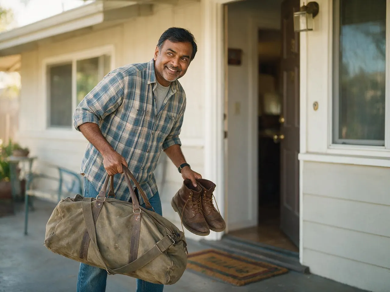 A man setting a duffel bag and boots down at the open door of his ranch home