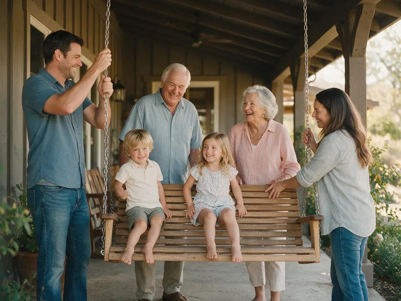 A family hanging a porch swing on their front porch